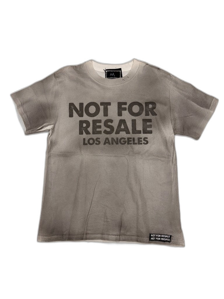 Front of white tee with all-over grey smoke spray paint treatment and large NOT FOR RESALE LOS ANGELES bold screen print plus NFR woven hem label — one of one reconstructed NFR LA