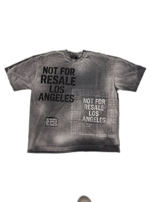 Front of grey smoke-dyed tee with large NOT FOR RESALE LOS ANGELES black stencil all-over NFR text screen print right chest and NFR square woven patch — one of one reconstructed upcycled NFR LA