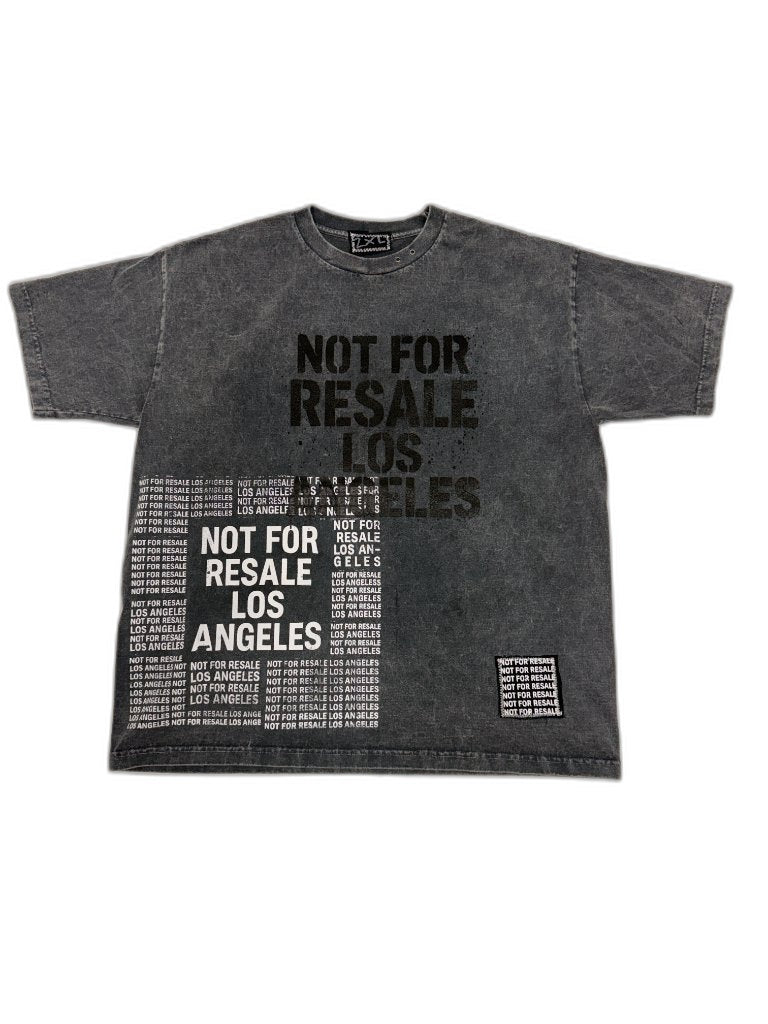 Front of dark grey acid washed oversized tee with all-over NOT FOR RESALE LOS ANGELES multi-scale screen print stencil and NFR woven patch at hem — one of one reconstructed NFR LA