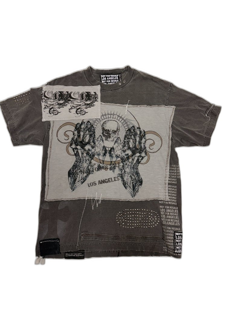 Front of grey acid washed reconstructed tee with skull graphic screen print panel NOT FOR RESALE LOS ANGELES text silver studs on sleeve and NFR patch — one of one NFR LA