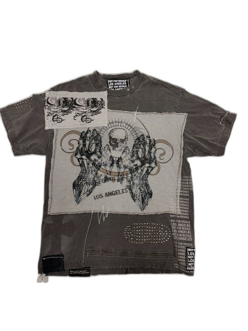 Front of grey acid washed reconstructed tee with skull graphic screen print panel NOT FOR RESALE LOS ANGELES text silver studs on sleeve and NFR patch — one of one NFR LA