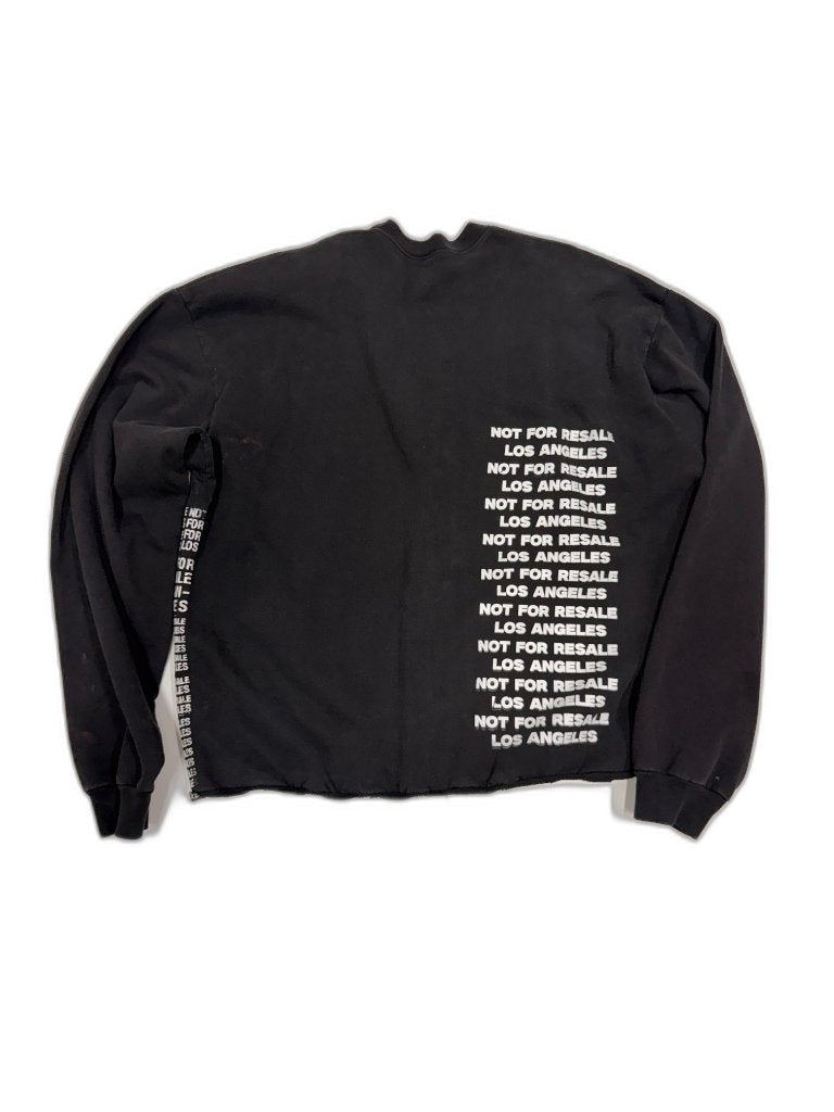 Back of black heavyweight long sleeve with NOT FOR RESALE LOS ANGELES repeating text column down right side and NFR text down left sleeve — one of one reconstructed NFR LA