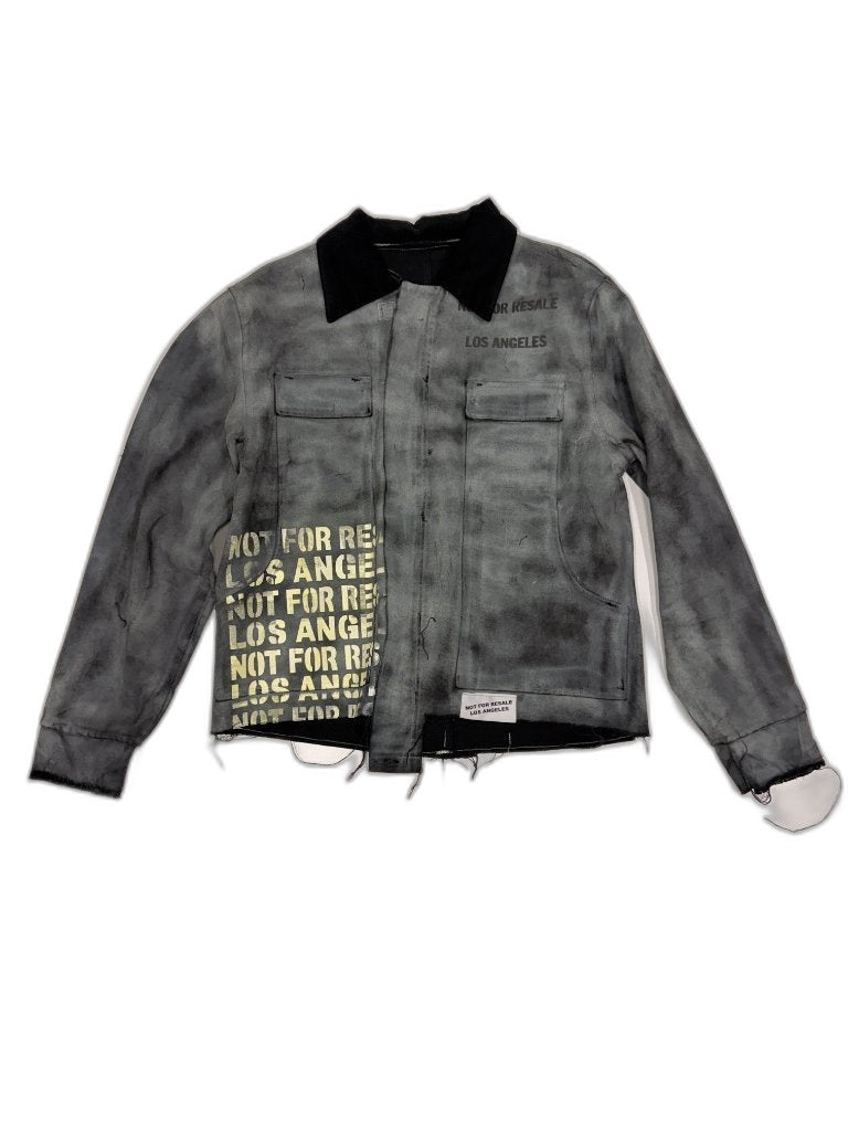 Front of grey smoke-dyed bomber jacket with NFR repeating text patch barcode label grommets and black ribbed collar — one of one reconstructed upcycled NFR LA 850