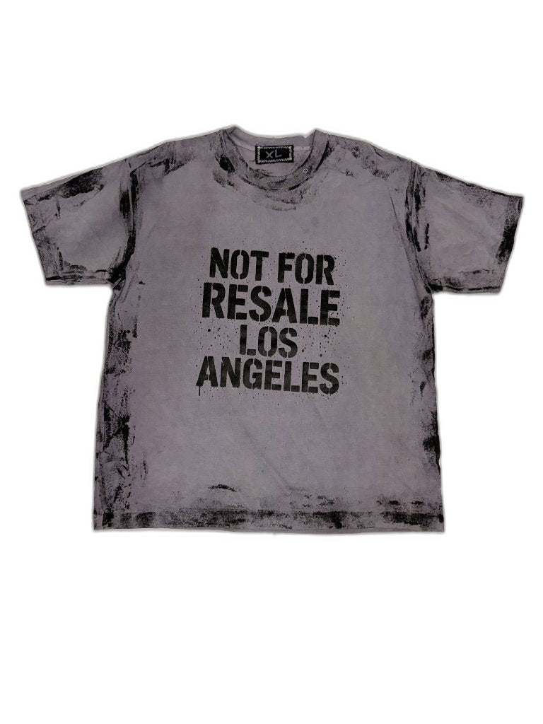 Front of grey smoke-dyed heavyweight tee with large bold NOT FOR RESALE LOS ANGELES black stencil center chest and all-over brushstroke treatment — one of one reconstructed NFR LA