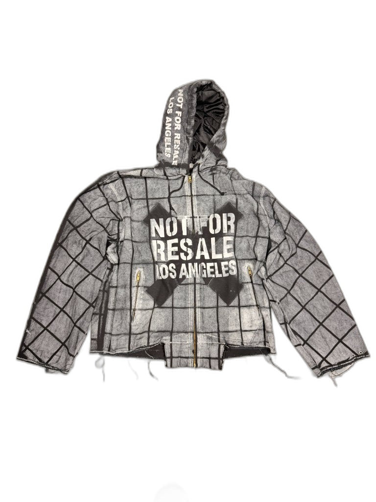 Front of grey grid print hooded zip jacket with NOT FOR RESALE LOS ANGELES bold stencil black arrow graphic gold brass zips and NFR text hood band — one of one reconstructed NFR LA
