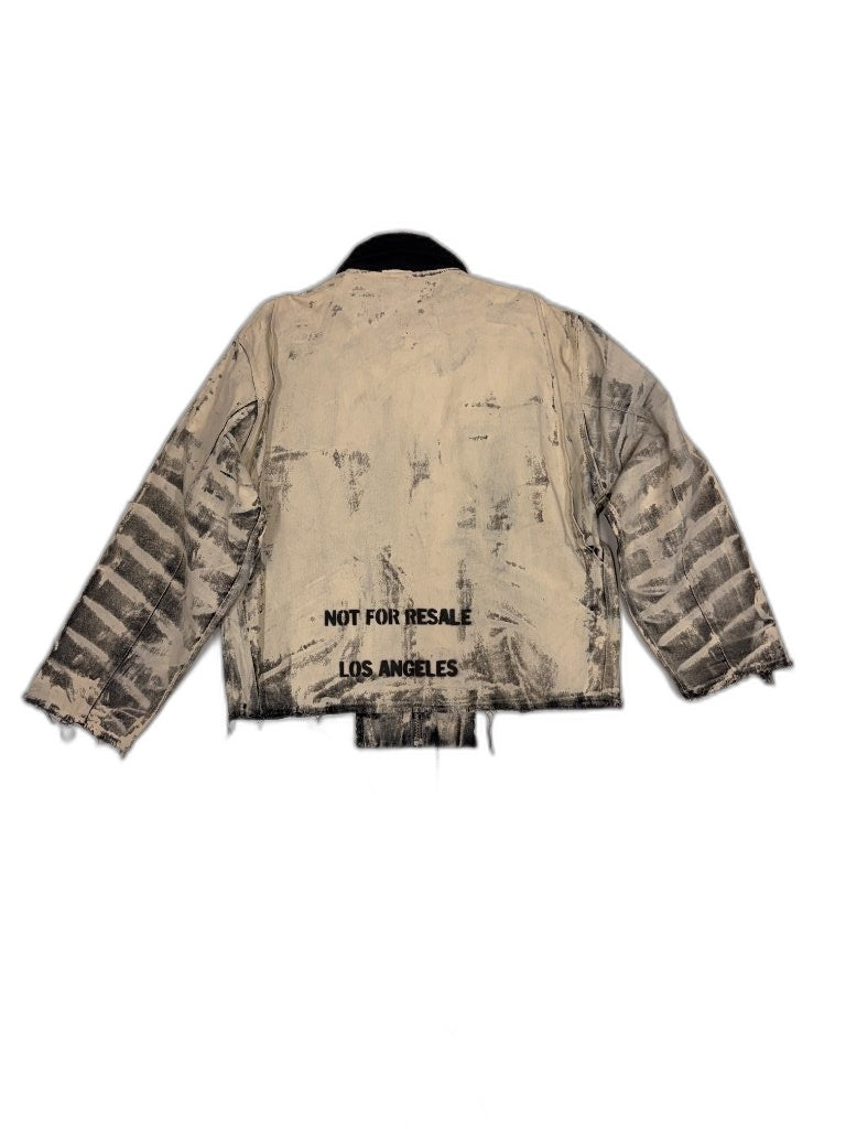 Back of cream bleached stripe jacket showing NOT FOR RESALE LOS ANGELES stencil horizontal black paint drag treatment across full back panel and raw frayed hem — one of one upcycled NFR LA