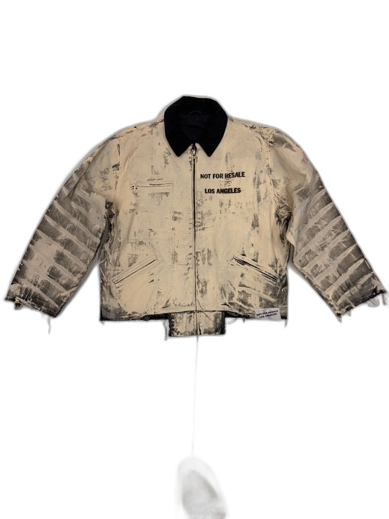 Front of cream off-white jacket with all-over horizontal black paint drag brushstroke treatment NOT FOR RESALE LOS ANGELES stencil black collar and raw frayed hem — one of one reconstructed NFR LA