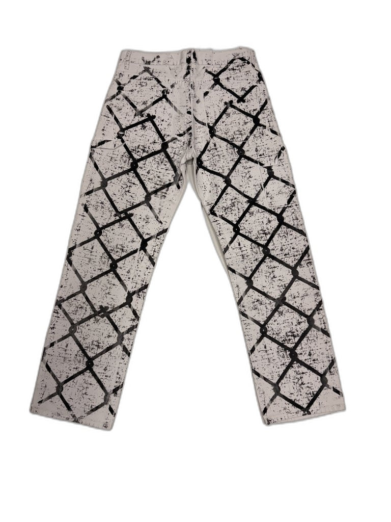 Back view of white chain-link all-over print denim pants showing full grid pattern across both legs and back panel — one of one upcycled Not For Resale Los Angeles