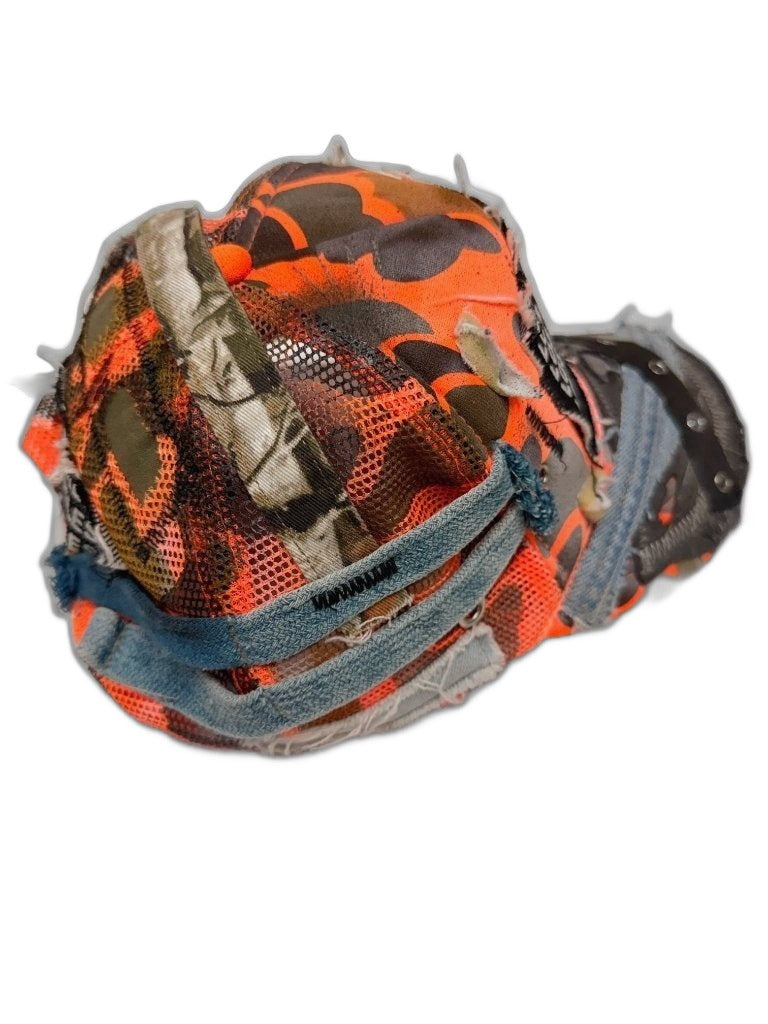 RECONSTRUCTED 001_26_07 — Orange Camo Cap, Denim Bill & Grommet Strap