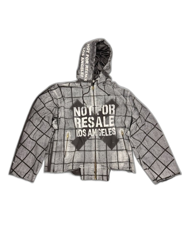 RECONSTRUCTED UNIT 001_26_22 — Grey Grid Print Hooded Zip Jacket, NFR Stencil
