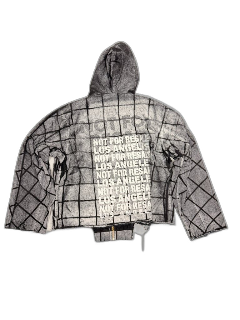 RECONSTRUCTED UNIT 001_26_22 — Grey Grid Print Hooded Zip Jacket, NFR Stencil