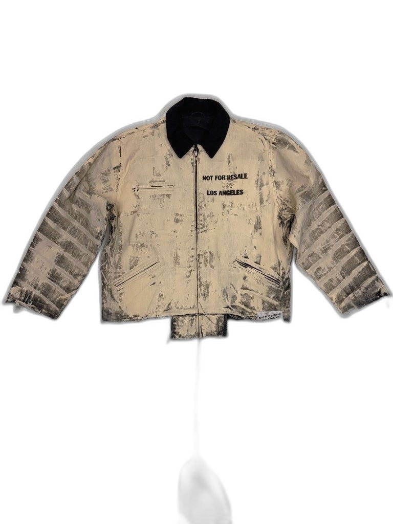 RECONSTRUCTED UNIT 001_26_23 — Cream Bleached Stripe Jacket, NFR Stencil & Raw Hem
