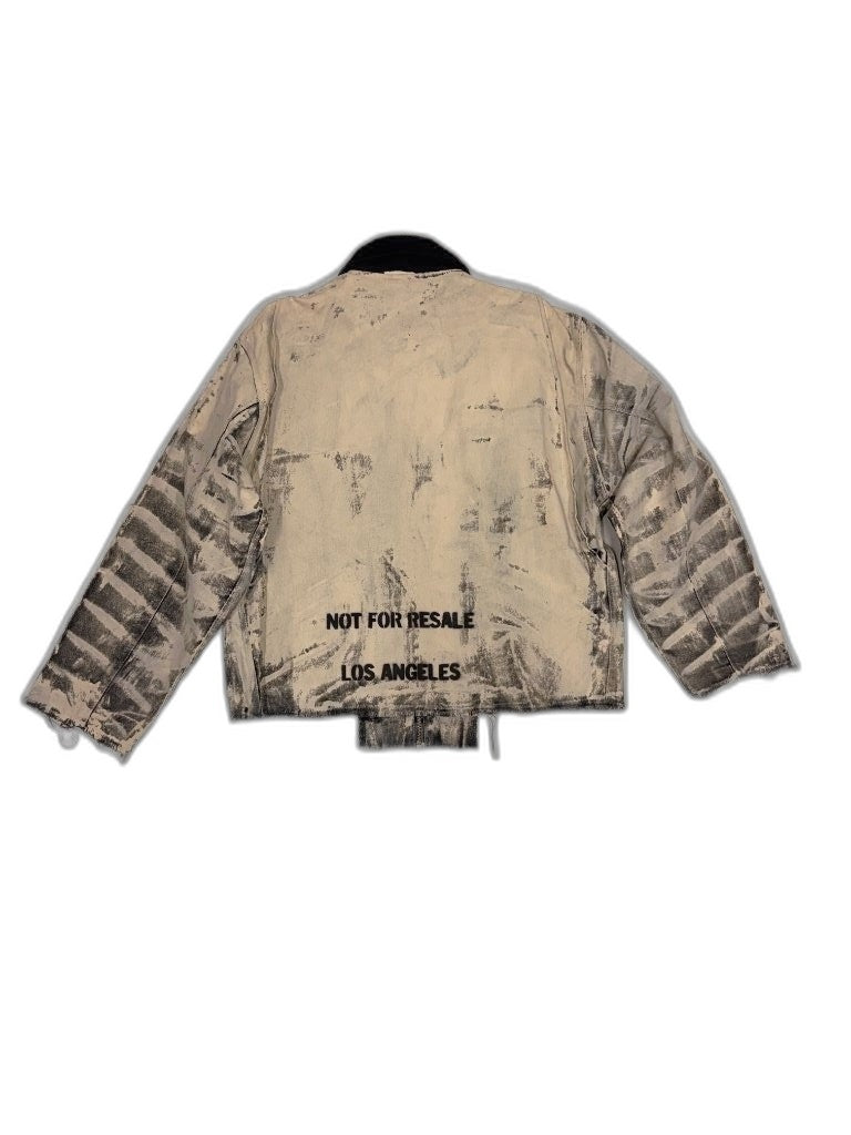 RECONSTRUCTED UNIT 001_26_23 — Cream Bleached Stripe Jacket, NFR Stencil & Raw Hem