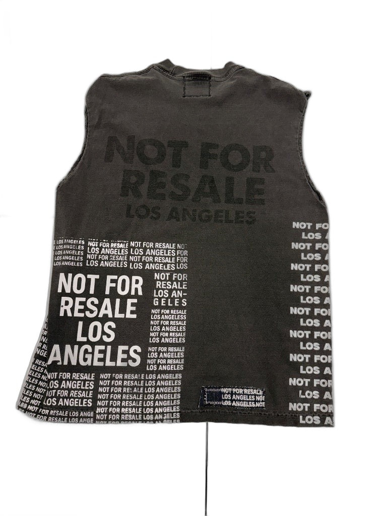 RECONSTRUCTED 001_26_31 — Charcoal NFR Sleeveless Muscle Tee, Vertical Text Columns & Label Detail