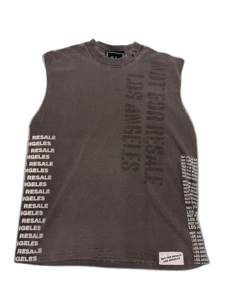 RECONSTRUCTED 001_26_31 — Charcoal NFR Sleeveless Muscle Tee, Vertical Text Columns & Label Detail