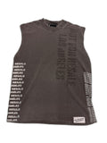 RECONSTRUCTED 001_26_31 — Charcoal NFR Sleeveless Muscle Tee, Vertical Text Columns & Label Detail