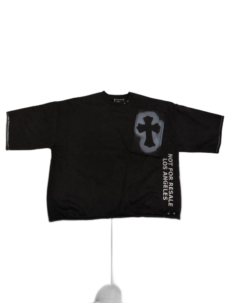 RECONSTRUCTED 001_26_33 — Black Boxy Cross-Patch Tee, Grommet Sleeves & NFR Vertical embroidery.