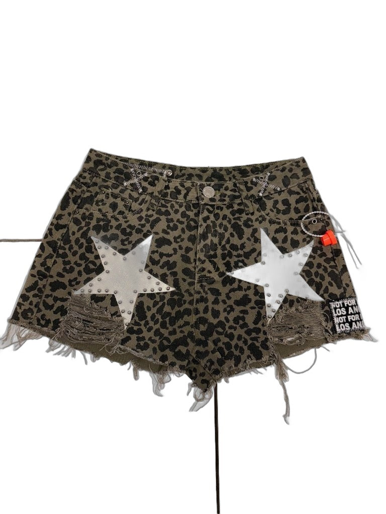 RECONSTRUCTED 001_26_34 — Women's Olive Leopard Denim Shorts, Star Patches, Studs & NFR Print