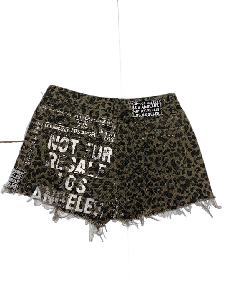 RECONSTRUCTED 001_26_34 — Women's Olive Leopard Denim Shorts, Star Patches, Studs & NFR Print