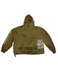 RECONSTRUCTED 001_26_36 — Olive Distressed Hoodie, NFR Block Print, Sleeve Text & Mud Wash