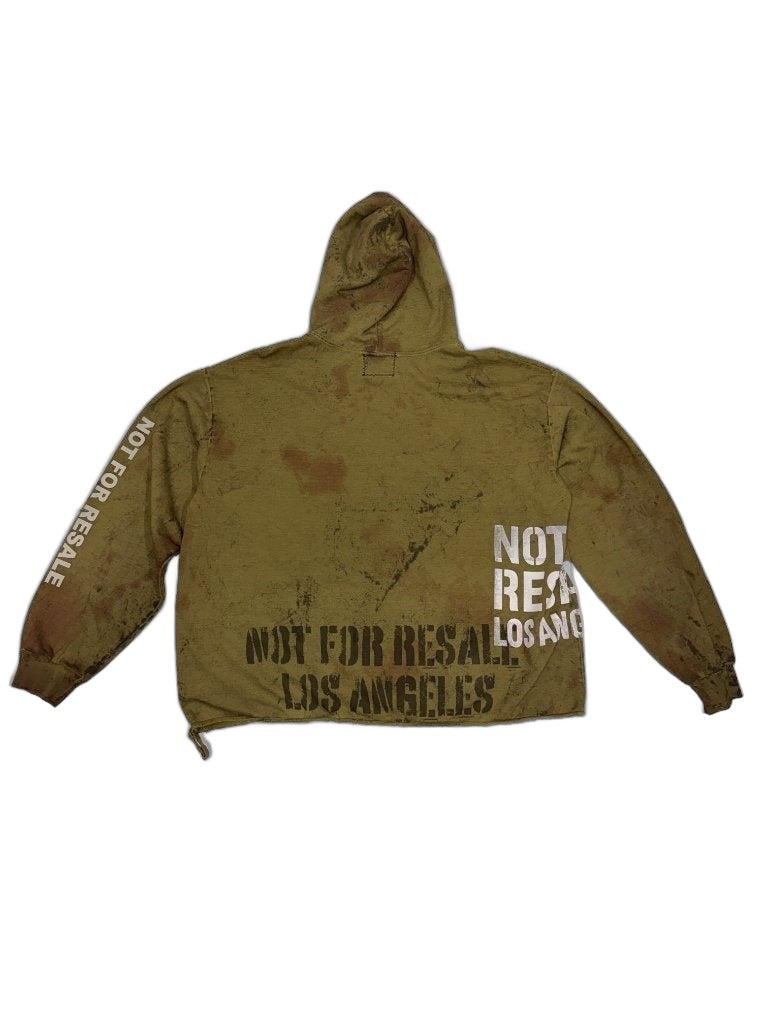 RECONSTRUCTED 001_26_36 — Olive Distressed Hoodie, NFR Block Print, Sleeve Text & Mud Wash