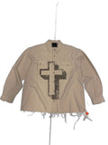 RECONSTRUCTED 001_26_39 — Cream Canvas Work Shirt, Large Cross Screen Print & Snap Buttons