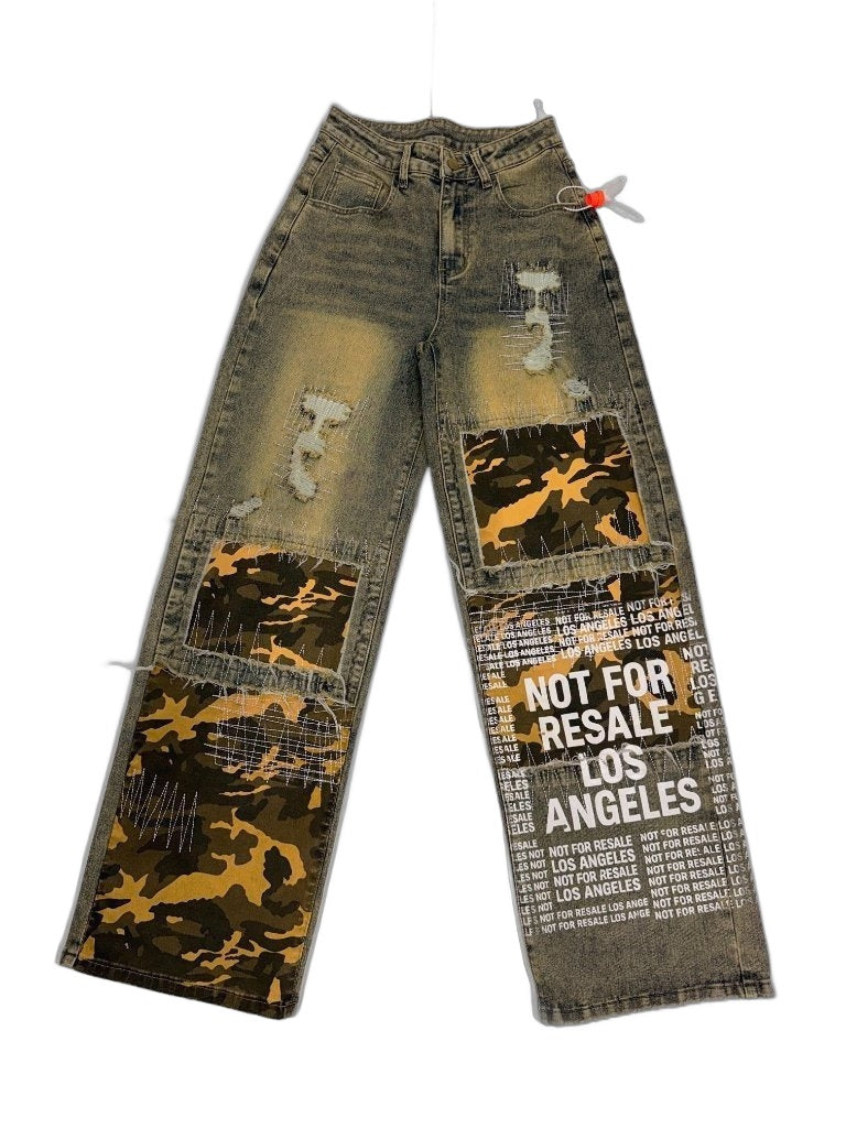 RECONSTRUCTED 001_26_40 — Women's Acid Wash Wide-Leg Jeans, Camo Patches & NFR Text Panel