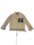 RECONSTRUCTED 001_26_42 — Cream Canvas Work Jacket, NFR Block Patch, Raw Layered Hem & Snap Buttons