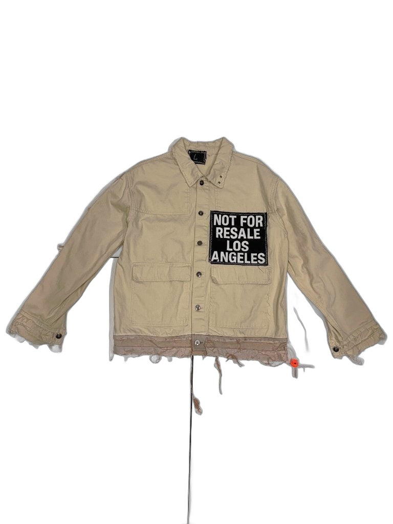 RECONSTRUCTED 001_26_42 — Cream Canvas Work Jacket, NFR Block Patch, Raw Layered Hem & Snap Buttons