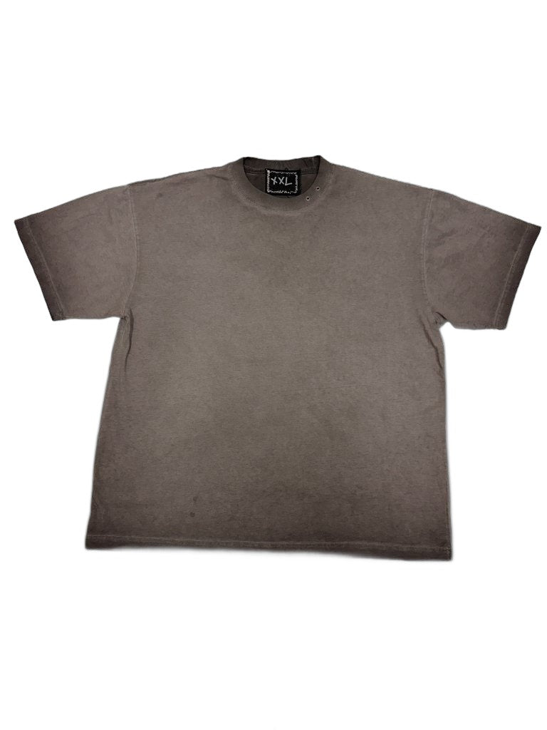 RECONSTRUCTED 001_26_48 — Grey vintage wash Tee, NFR Back Hem Print & signature Grommet Collar