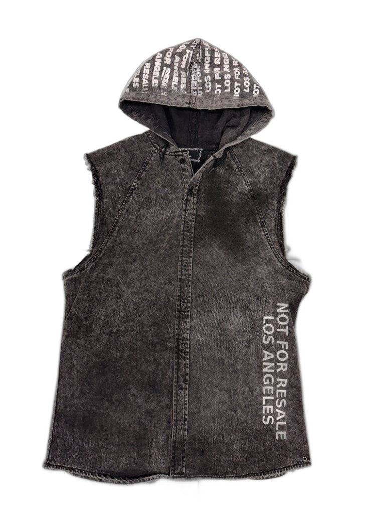 RECONSTRUCTED 001_26_49 — Black Acid Wash Denim Hooded Vest, NFR Hood Print, Vertical Hem Print & Tonal Back Patch