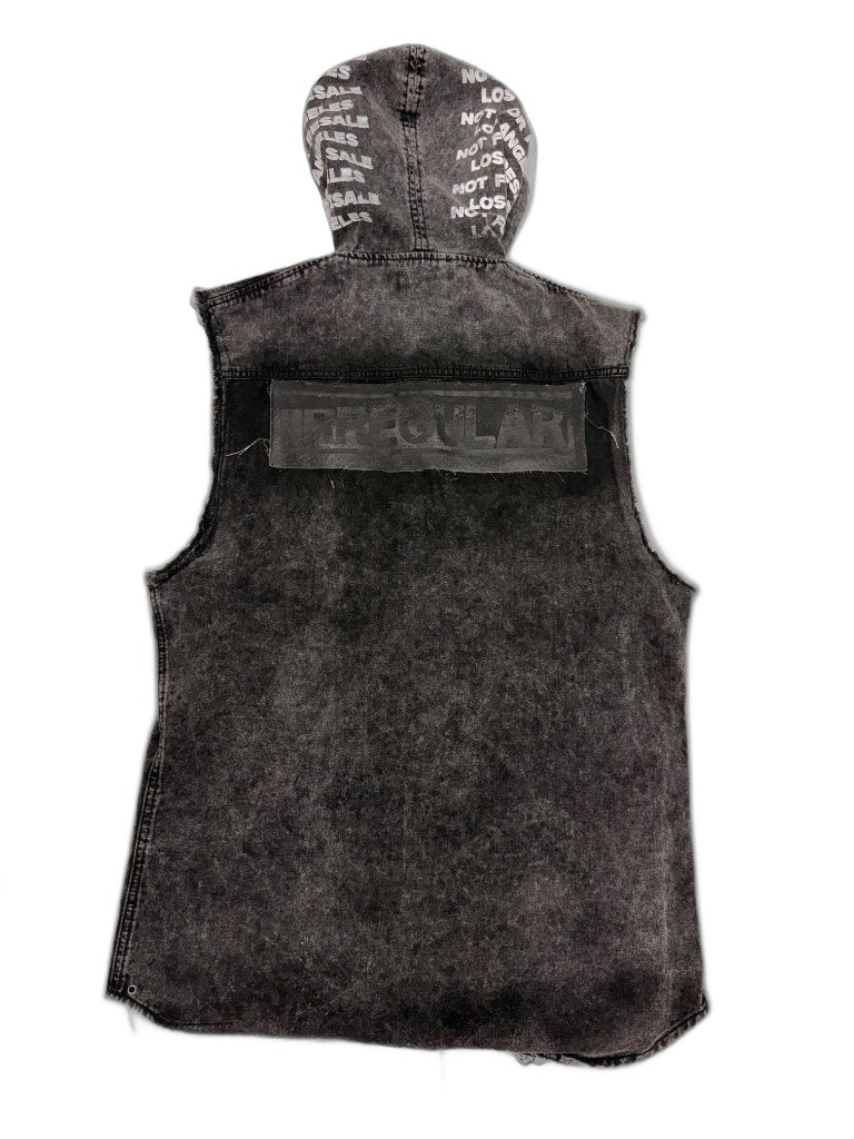 RECONSTRUCTED 001_26_49 — Black Acid Wash Denim Hooded Vest, NFR Hood Print, Vertical Hem Print & Tonal Back Patch