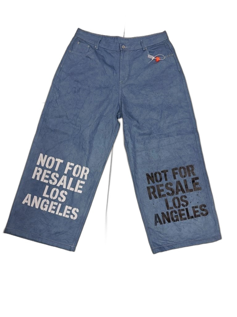 RECONSTRUCTED 001_26_50 — Blue Wide-Leg Denim Pants, Dual NFR Block Print Per Leg & Leather Label