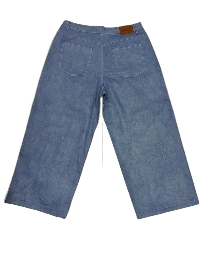 RECONSTRUCTED 001_26_50 — Blue Wide-Leg Denim Pants, Dual NFR Block Print Per Leg & Leather Label