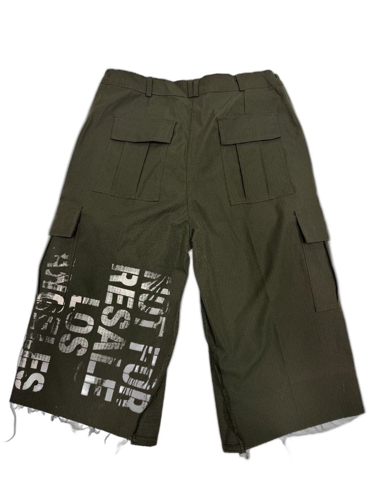 RECONSTRUCTED 001_26_51 — Olive Military Cargo Shorts, NFR Block Print, Raw Hem & Grommet Hardware