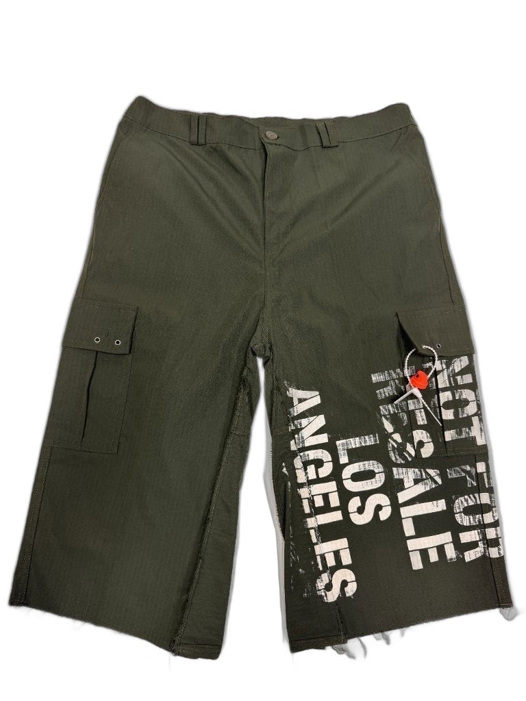 RECONSTRUCTED 001_26_51 — Olive Military Cargo Shorts, NFR Block Print, Raw Hem & Grommet Hardware