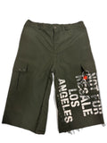 RECONSTRUCTED 001_26_51 — Olive Military Cargo Shorts, NFR Block Print, Raw Hem & Grommet Hardware
