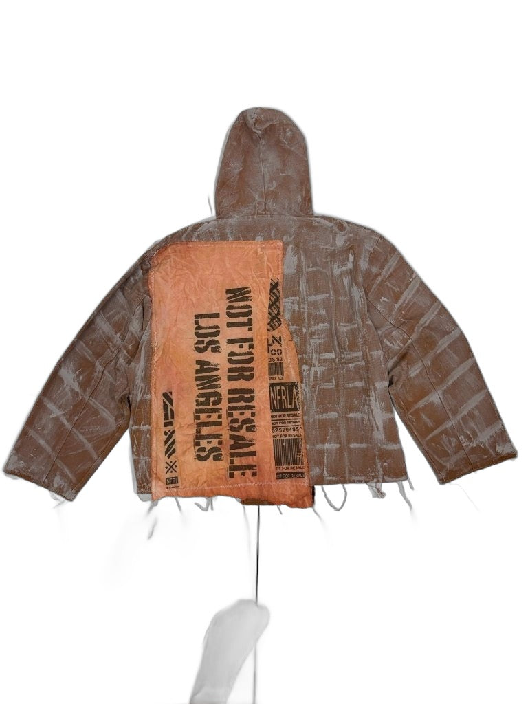 RECONSTRUCTED 001_26_55 — Brown Hand-Painted Zip Hoodie, Orange Panel, NFR Barcode & Gold Zippers