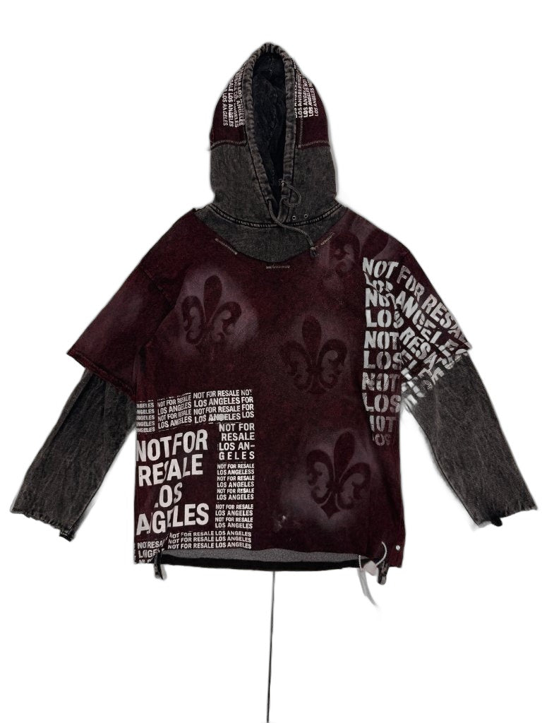 RECONSTRUCTED 001_26_56 — Burgundy Fleur-de-Lis Hoodie, Grey Acid Wash Sleeves & NFR All-Over Text