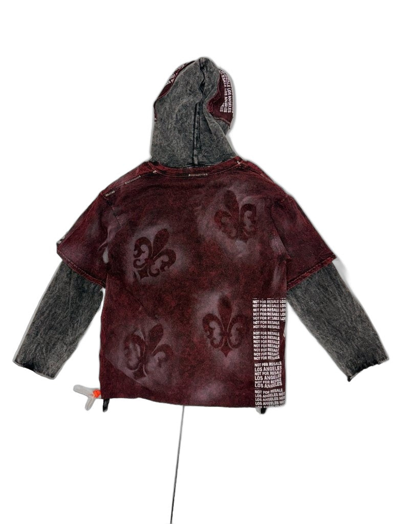 RECONSTRUCTED 001_26_56 — Burgundy Fleur-de-Lis Hoodie, Grey Acid Wash Sleeves & NFR All-Over Text