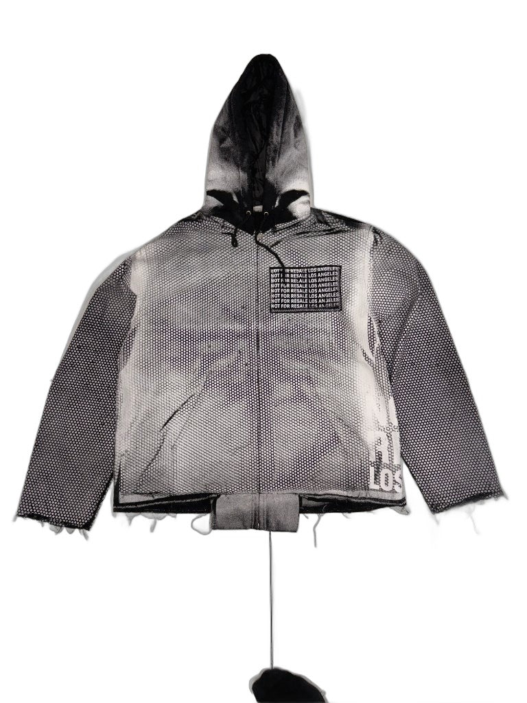 RECONSTRUCTED 001_26_57 — Grey Mesh Net Hoodie, NFR Patch Chest, All-Over Print & Raw Hem