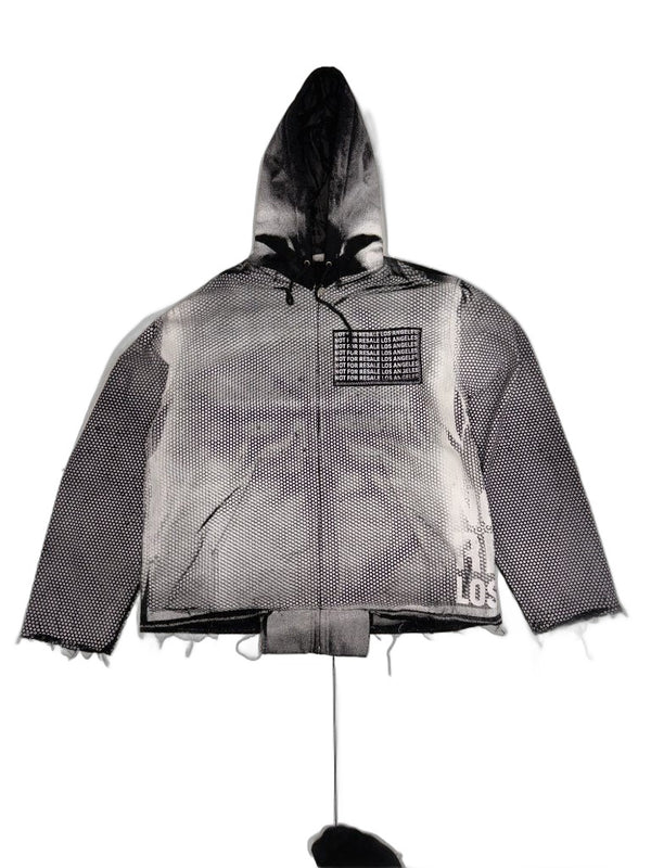 RECONSTRUCTED 001_26_57 — Grey Mesh Net Hoodie, NFR Patch Chest, All-Over Print & Raw Hem