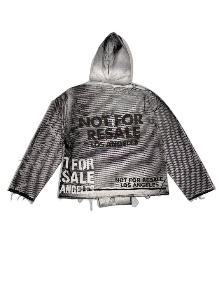 RECONSTRUCTED 001_26_57 — Grey Mesh Net Hoodie, NFR Patch Chest, All-Over Print & Raw Hem