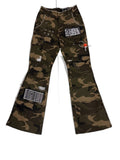 RECONSTRUCTED 001_26_58 — Woodland Camo Flare Cargo Pants, NFR Patches, Cross Stitch, Chain & Paint Splatter