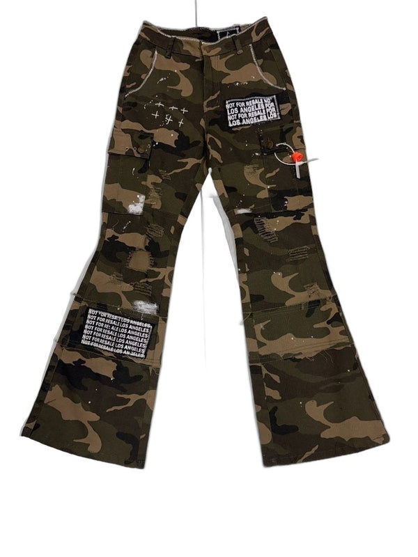 RECONSTRUCTED 001_26_58 — Woodland Camo Flare Cargo Pants, NFR Patches, Cross Stitch, Chain & Paint Splatter