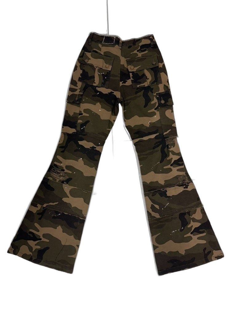 RECONSTRUCTED 001_26_58 — Woodland Camo Flare Cargo Pants, NFR Patches, Cross Stitch, Chain & Paint Splatter