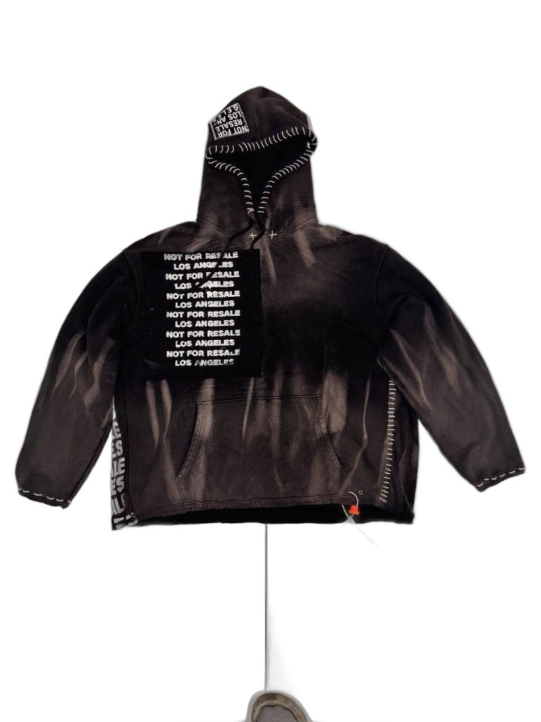 RECONSTRUCTED 001_26_60 — Black Bleach Spike Hoodie, NFR Text Block Patch, Chain Drawcord & Cross Stitch