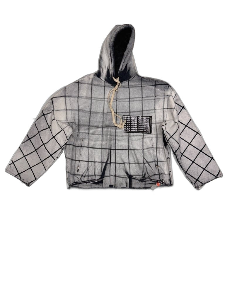 RECONSTRUCTED 001_26_62 — White Grid All-Over Print Hoodie, NFR Patch Chest, Dual Zippers & Raw Hem