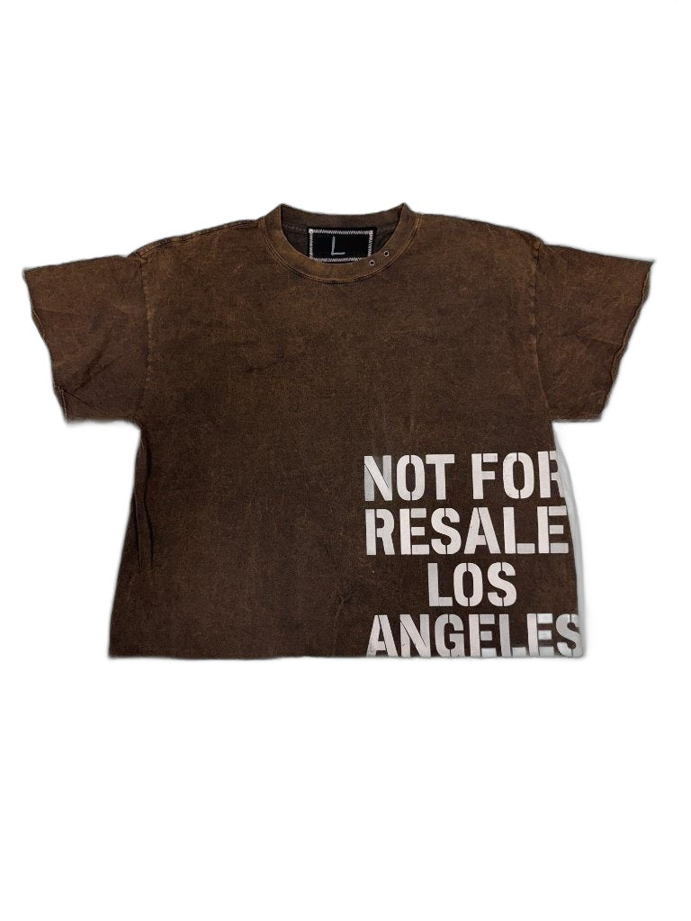 RECONSTRUCTED 001_26_64 — Dark Brown Acid Wash Crop Tee, NFR Block Print & Raw-Cut Sides