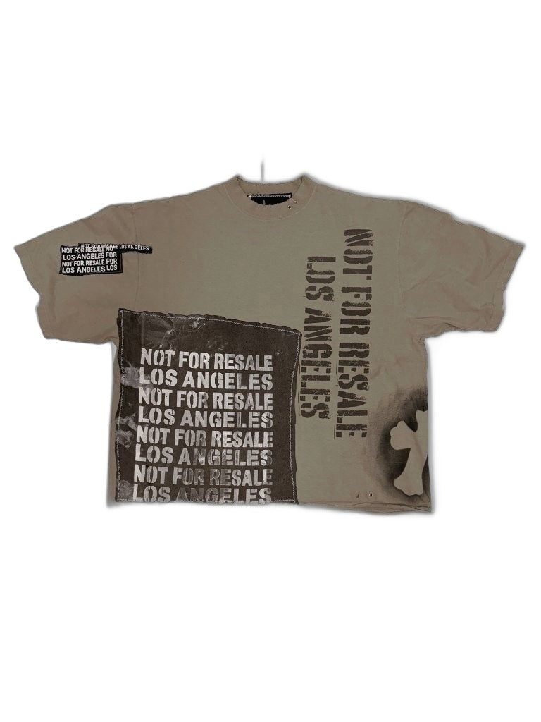 RECONSTRUCTED 001_26_65 — Tan Multi-Print Boxy Tee, NFR Text Panel, Vertical Print & Back NFR Patch